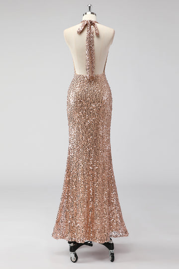 Glitter Champagne Mermaid Halter Open Back Long Prom Dress with Sequins